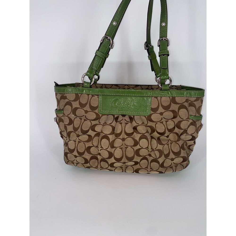 Coach Khaki Signature Purse / Tote - Lime Green Canvas Leather Trim